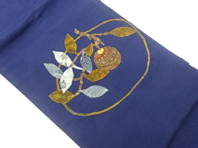 手織り紬パッチワーク抽象丸文に果物・枝葉模様名古屋帯